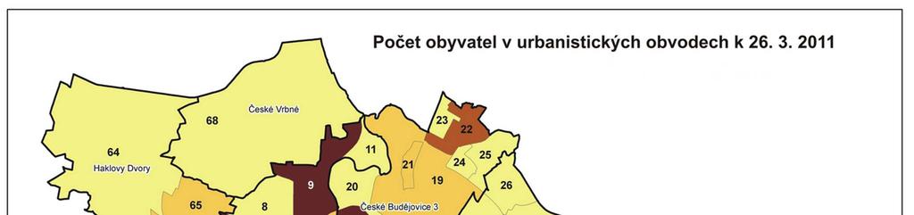 Obrázek 2 - Počet obyvatel v urbanistických obvodech (Zdroj - Český statistický úřad) Nejvíce obyvatel v Českých