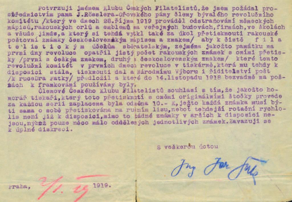 Dopis předsedy Klubu českých filatelistů Ing. Jaroslava Šuly, v němž otevřeně konstatuje, že první tzv.