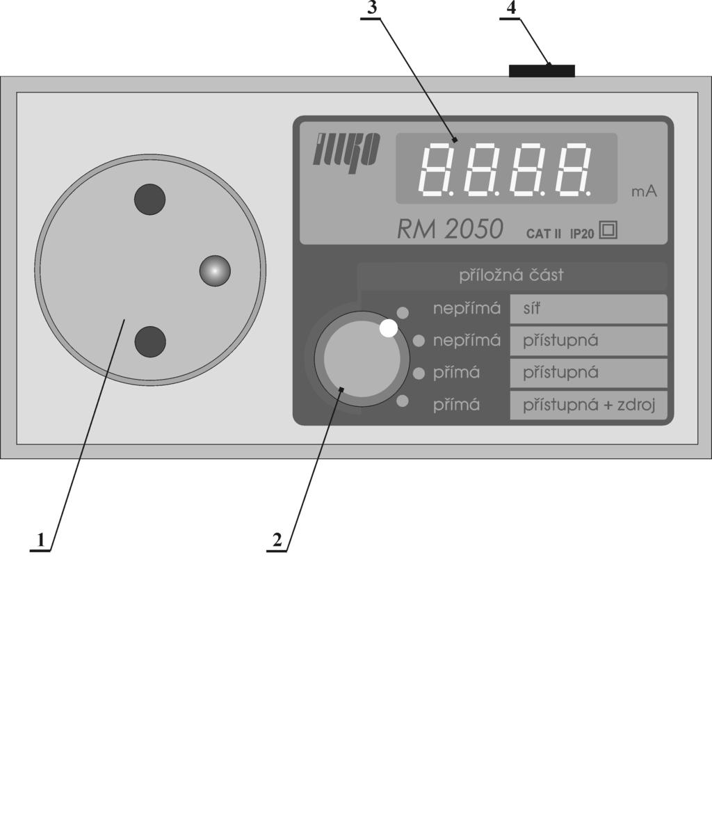 2.2. Čelní panel 1 Zásuvka pro připojení měřeného spotřebiče s pohyblivým přívodem 230