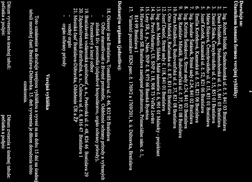 DOrUČUjC Sa: Učastnikom konania formou vercjnej vyhlášky: 1. Ing. Robert Hodáň, Studenohorská ul. č. 5, 841 03 Bratislava 2. Dana Hodáňová, Studenohorská ul. ě. 5, 841 03 Bratislava 3.