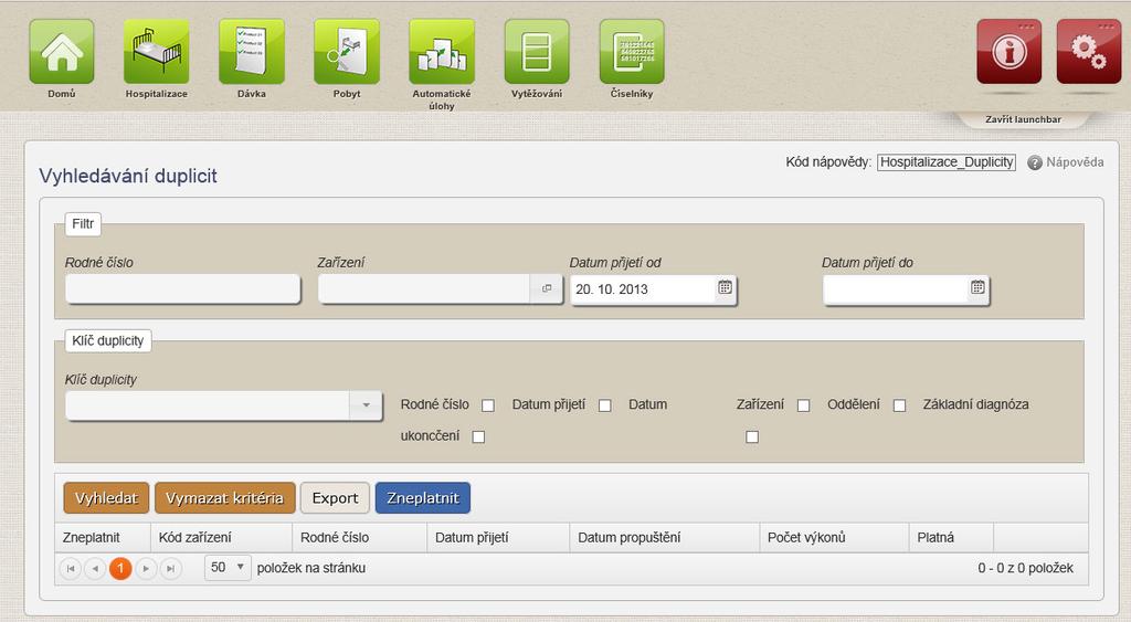 Uživatelská příručka Každý řádek výsledné tabulky obsahuje tlačítko "Detail", které vede na detail hospitalizace. 2.5.7.