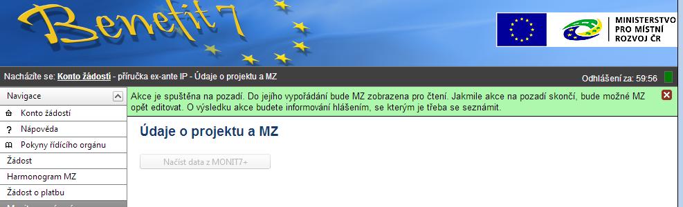 Informace o načítání dat na MZ off-line ukládání dat Po úspěšném založení MZ je nutné, stejně jako doposud, stisknout tlačítko Načíst data z MONIT7+.