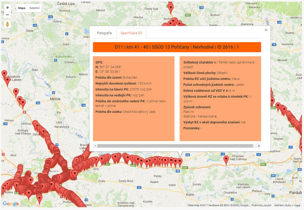 Po stisknutí tlačítka Mapa se reklamní zařízení zobrazí v mapě, která je z důvodu uživatelsky přátelského prostředí založena na zdrojovém kódu Google Maps.