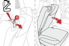 Komfort Složená poloha F Pokud je třeba, posuňte příslušné přední sedadlo směrem dopředu. F Posuňte sedák lavice co nejvíce dozadu. F Nastavte opěrky hlavy do dolní polohy.