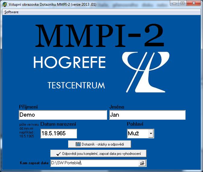 Dotazník MMPI-2 Portable verze MMPI-2 Program slouží k elektronické administraci testu MMPI-2 (bez přepisu odpovědí z papíru).