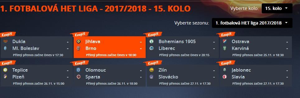 Položka Přímé přenosy nabízí koupi sledování přímých přenosů zápasu a dále