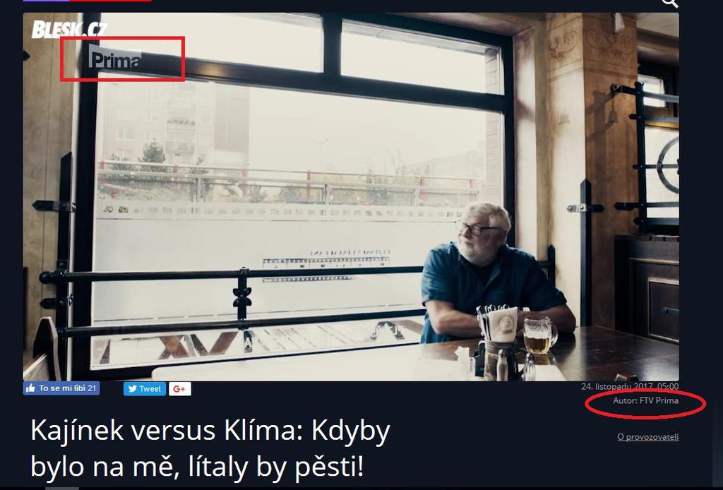 Kdyby to bylo na mně, kdybyste byl mladší než já, tak bych Vás požádal, abyste si sundal brýle a vyřídili bysme to spolu jako chlapi. Jako autor pořadu je pod videem uveden provozovatel FTV Prima.
