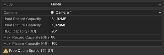 14.5 Konfigurace režimu kvót Účel: Pro každou kameru lze nakonfigurovat vyhrazenou kvótu pro ukládání nahraných souborů nebo zachycených snímků. Krok 1: Přejděte do okna režimu ukládání.