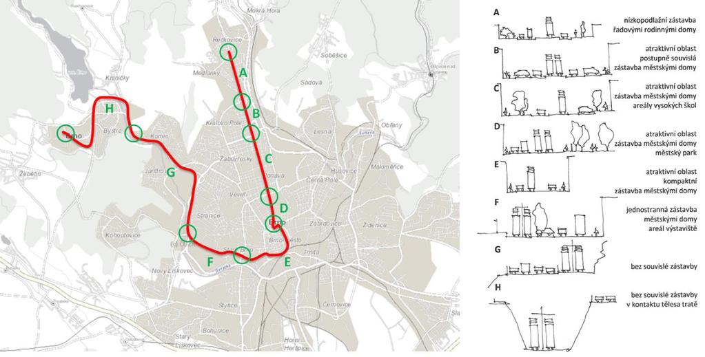 Obrázek 5: Trasa linky č. 1a body změny charakteru území Zdroj: http://www.brno.cz; vlastní zpracování Tabulka 1: Trasa linky č.
