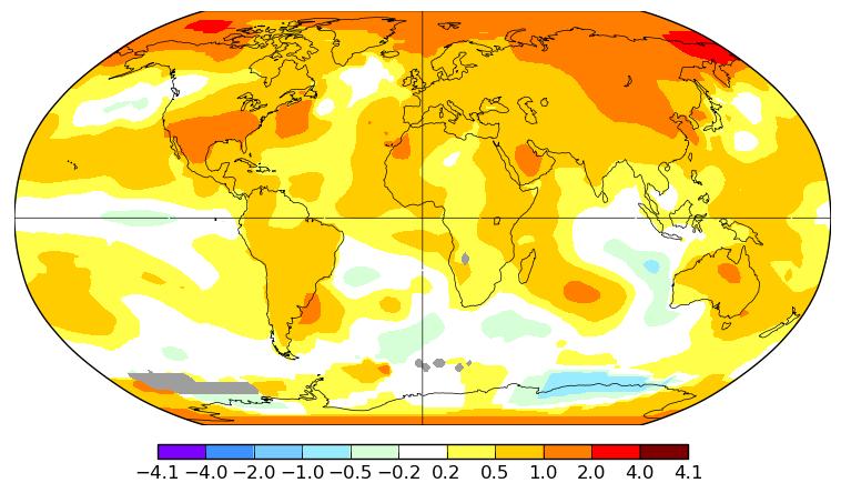 Obr. 3 Průměrná roční teplota vzduchu na povrchu pevniny a oceánu vyjádřená odchylkou od normálového období 1981 2010 [ C] Zdroj: NASA Agregované emise skleníkových plynů v ČR poklesly v období 1990