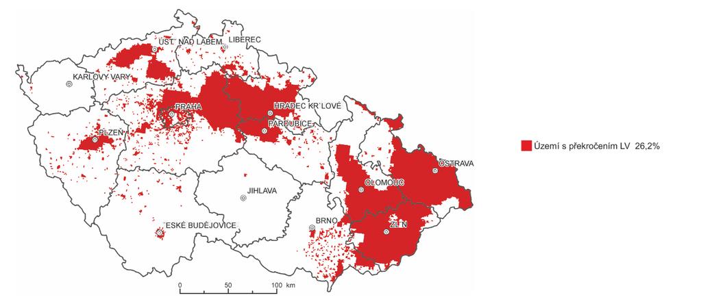 Obr. 4 Oblasti ČR s překročenými imisními limity pro ochranu lidského zdraví (bez zahrnutí přízemního ozonu), 2017 Obr.