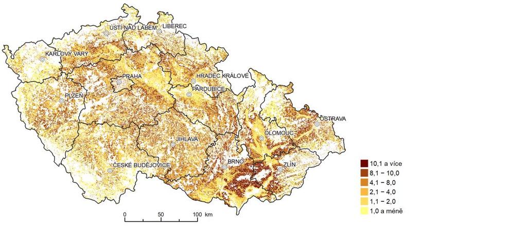 Obr. 10 Potenciální ohroženost zemědělské půdy vodní erozí vyjádřená dlouhodobým průměrným smyvem půdy G v ČR [t.ha - 1.