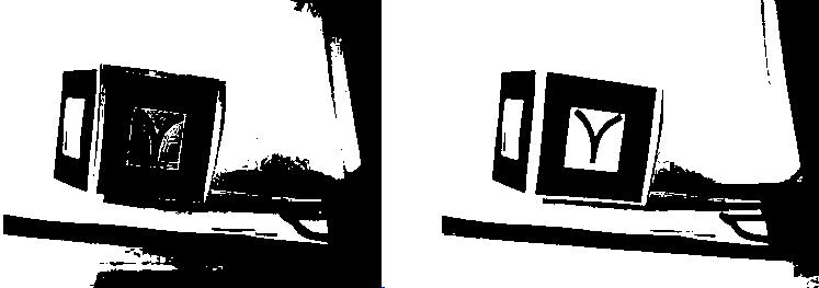 Obrázek 7.1: Vliv osvětlení na výsledek prahování Při testování byly prováděny experimenty s rozpoznáváním značek na kostce na různých pozadích.