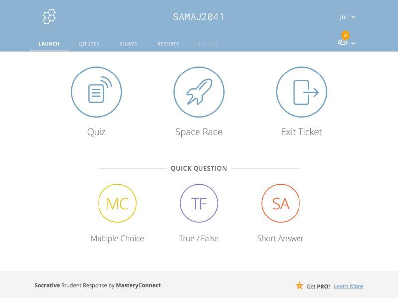 Socrative Aplikace nabízí mnoho možností: Studenti mohou odpovídat na otázky v různých formátech: uzavřené otázky, otevřené otázky, ANO-NE.