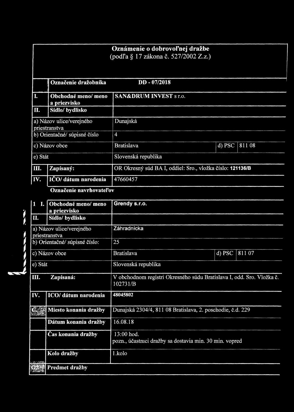 Zapísaný: OR Okresný súd BA I, oddiel: Sro., vložka číslo: 121136/B IV. IČO/ dátum narodenia 47660457 Označenie navrhovateľov 1 L Obchodné meno/ meno a priezvisko Sídlo/ bydlisko Grendy s.r.o. a) Názov ulice/verejného Záhradnícka priestranstva b) Orientačné/ súpisné číslo; 25 c) Názov obce Bratislava d)psc 811 07 e) Stát Slovenská republika m.