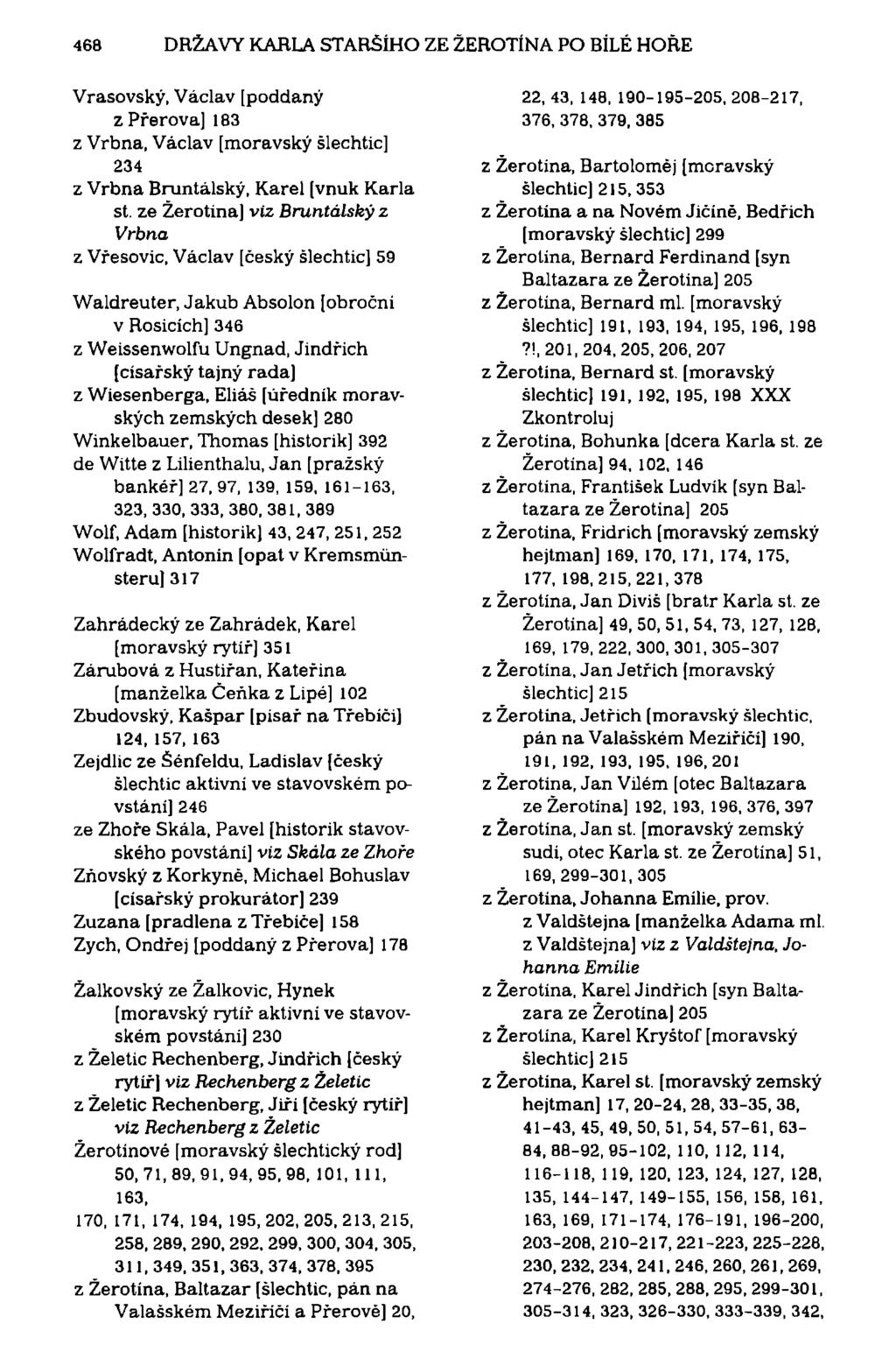 468 DRŽAVY KARLA STARŠÍHO ZE ŽEROTÍNA PO BÍLÉ HOŘE Vrasovský, Václav [poddaný z Přerova] 183 z Vrbna, Václav [moravský šlechtic] 234 z Vrbna Bruntálský, Karel [vnuk Karla st.