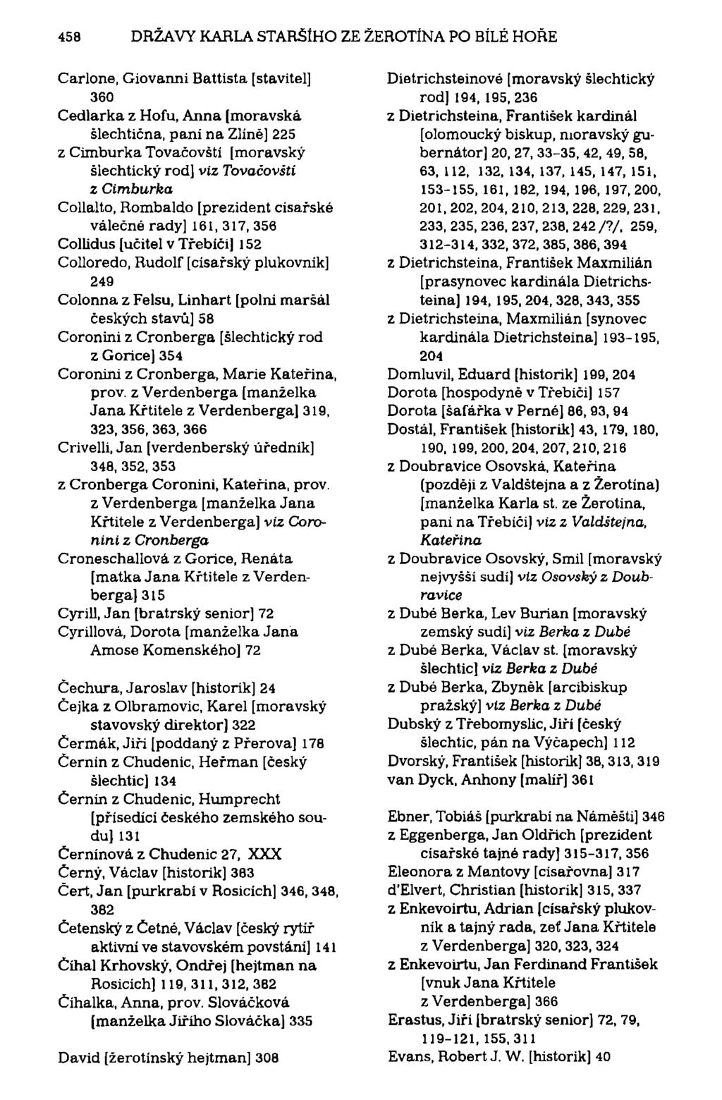 458 DRŽAVY KARLA STARŠÍHO ZE ŽEROTÍNA PO BÍLÉ HOŘE Carlone, Giovanni Battista [stavitel] 360 Cedlarka z Hofu, Anna [moravská šlechtična, pani na Zlíně] 225 z Cimburka Tovačovšti [moravský šlechtický