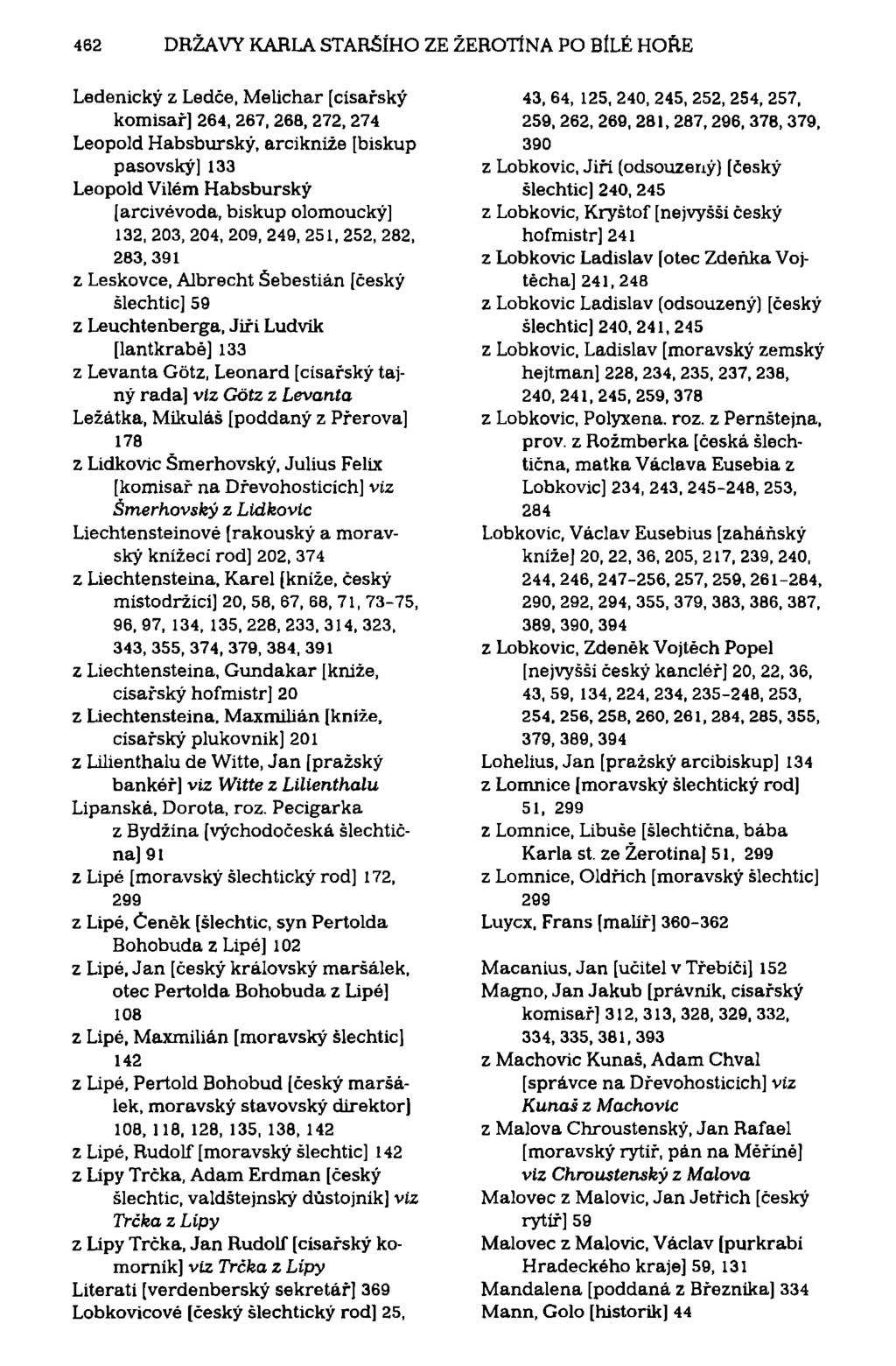 462 DRŽAVY KARLA STARŠÍHO ZE ŽEROTÍNA PO BÍLÉ HORE Ledenický z Ledče, Melichar [císařský komisař] 264, 267, 268, 272, 274 Leopold Habsburský, arcikníže [biskup pasovský] 133 Leopold Vilém Habsburský