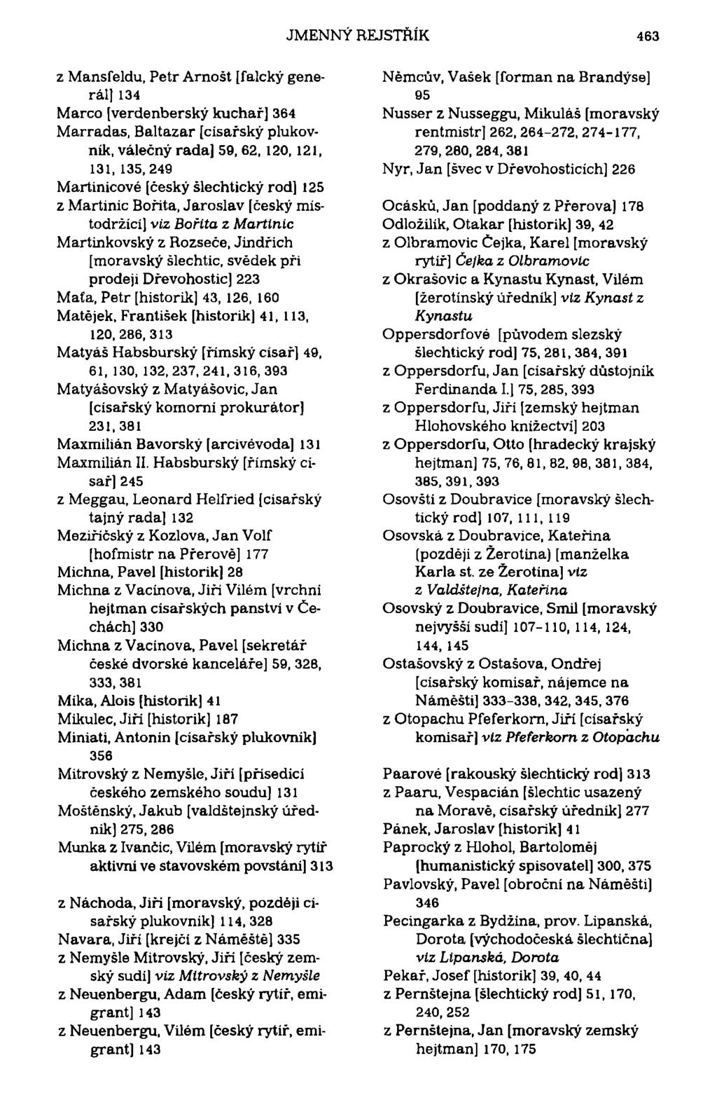 JMENNÝ REJSTŘÍK 463 z Mansfeldu, Petr Arnošt [falcký generál] 134 Marco [verdenberský kuchař] 364 Marradas, Baltazar [císařský plukovník, válečný rada] 59, 62, 120, 121, 131, 135,249 Martinicové