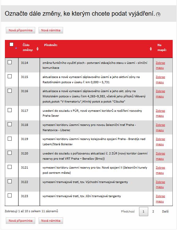 Výběr změn Obrázek 18: seznam změn Seznam změn zobrazuje všechny změny projednávaného kola. Před kliknutím na zvolený typ podání je nutné vybrat změny, ke kterým chcete vytvořit připomínku/námitku.