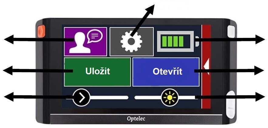 5. Menu lupy Compact 6 HD Otevření a zavření menu Menu otevřete tak, že přejedete prstem od levého okraje obrazovky lupy k pravému, nebo klepnete na obrazovku a poté klepnete na ikonu šipky v levé