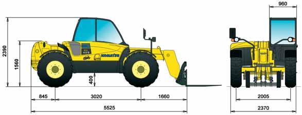 Zátěžový diagram a rozměry stroje 10 9 8 7 6 2700 kg 1000 kg 40 50 60 70 71 1300 kg 1800 kg G F E D C B A 10 9 8 7 6 40 50 60 70 2700 kg 71 3500 kg G F E D C B A Výška (m) 5 4 30 3500 kg Výška (m) 5