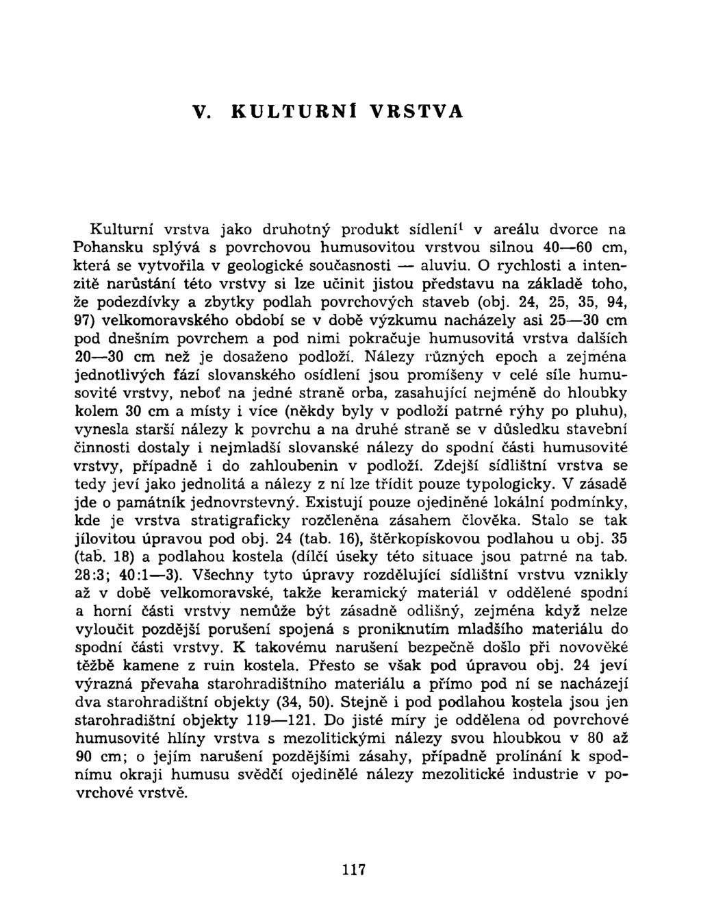 V. KULTURNÍ VRSTVA Kulturní vrstva jako druhotný produkt sídlení 1 v areálu dvorce na Pohansku splývá s povrchovou humusovitou vrstvou silnou 40 60 cm, která se vytvořila v geologické současnosti