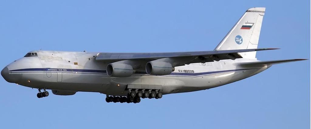 Antonov An-124 poprvé vzlétl 26. prosince 1982 a je poháněn čtyřmi turbodmychadlovými motory, které jsou zavěšeny pod křídlem.