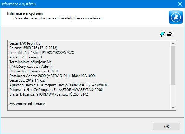 Po jeho zvolení se zobrazí dialogové okno zobrazující údaje o uživateli, licenci programu a systémových datech.