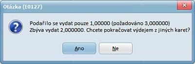 4 Novinky Mediox 3000, Verze 3.0.01.46 informace, že se podařilo vydat pouze jeden kus, a otázka zda chceme pokračovat výdejem z jiných karet.