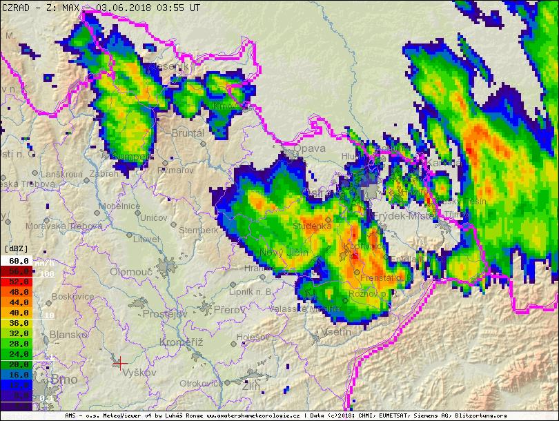 Těžiště bouřkové aktivity se pak přesunulo dále na východ do jižních Beskyd, na Vsetínsko. Následně bouřková aktivita na několik hodin ustála. V čase 1:00 hod.