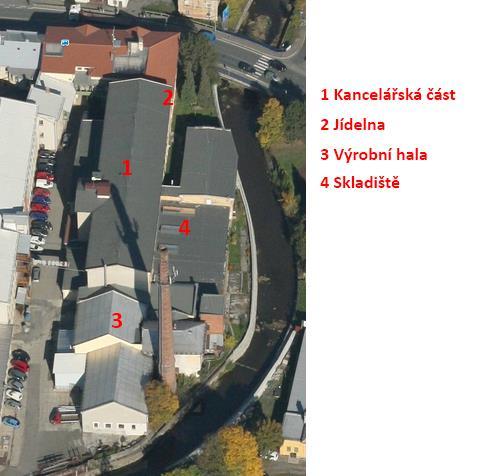 Mezi další části patří jídelna, výrobní hala a jídelna. Obrázek č. 11: Rozdělení budovy společnosti (Zdroj: Vlastní zpracování s využitím mapy.