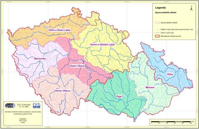 Osm oblastí povodí spravuje pět správců povodí státní podniky