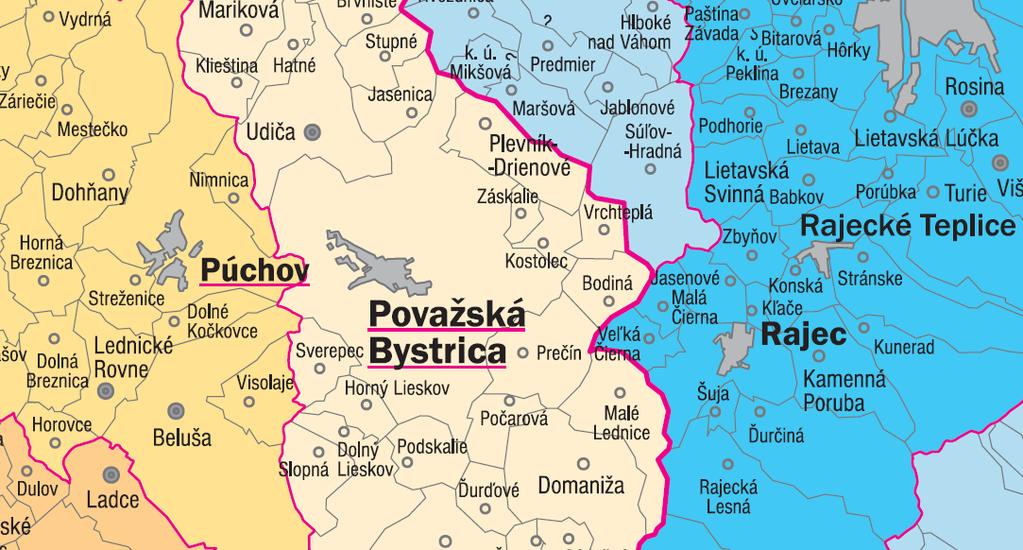 Chodnické (Chodnícky laz), Krekáčov laz, Líškovie laz, Matúšsky laz, Rybárikov laz, Tomankovci a Trnovie laz. Mestské časti vznikli pripojením predtým samostatných obcí k Považskej Bystrici.