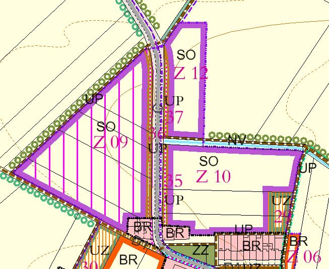 Územního plánu, v pravém sloupci návrh úpravy předkládaný k projednání): Zmenšení zastavitelné plochy BR Z08 na severovýchodním okraji obce.