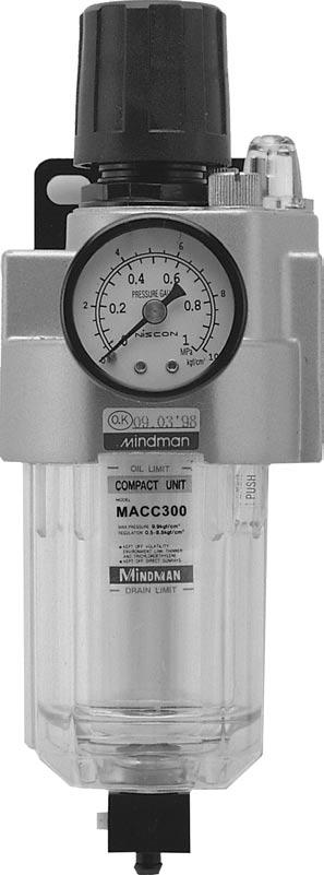 JEDNOTKY NA ÚPRAVU VZDUCHU Kompaktní jednotka na úpravu vzduchu řady MACC300 Velikost závitů G1/4 G3/8 Vstupní tlak [MPa] 0,1 až 1,5 Výstupní tlak [MPa] 0,1 až 0,99 Zkušební tlak [MPa] 1,5 Pracovní