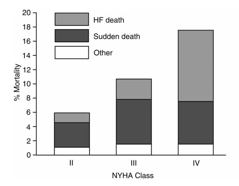 Stádia srdečního selhání a prognóza Funkční třídy dle New York Heart Association (NYHA) I - bez limitace stupeň funkční limitace: - vztah k mortalitě (riziko, typ) - význam pro načasování terapie