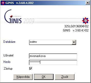 Dvojím kliknutím na tuto ikonu, zobrazíte přihlašovací okno pro SSL Ginis. Do pole Databáze vyberte z roletové nabídky jednu z moţností. Do pole Uţivatel zapište své přidělené uţivatelské jméno.