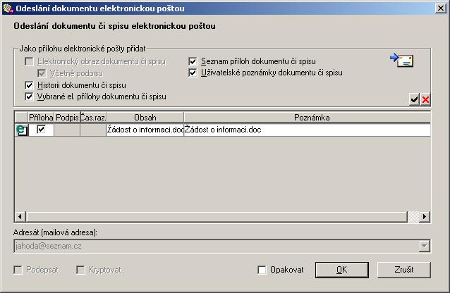 V evidenční kartě dokumentu v okně Odeslání po zadání adresátů a způsobu odeslání jsou elektronické dokumenty (e-maily) připraveny k odeslání (stav Připravováno).