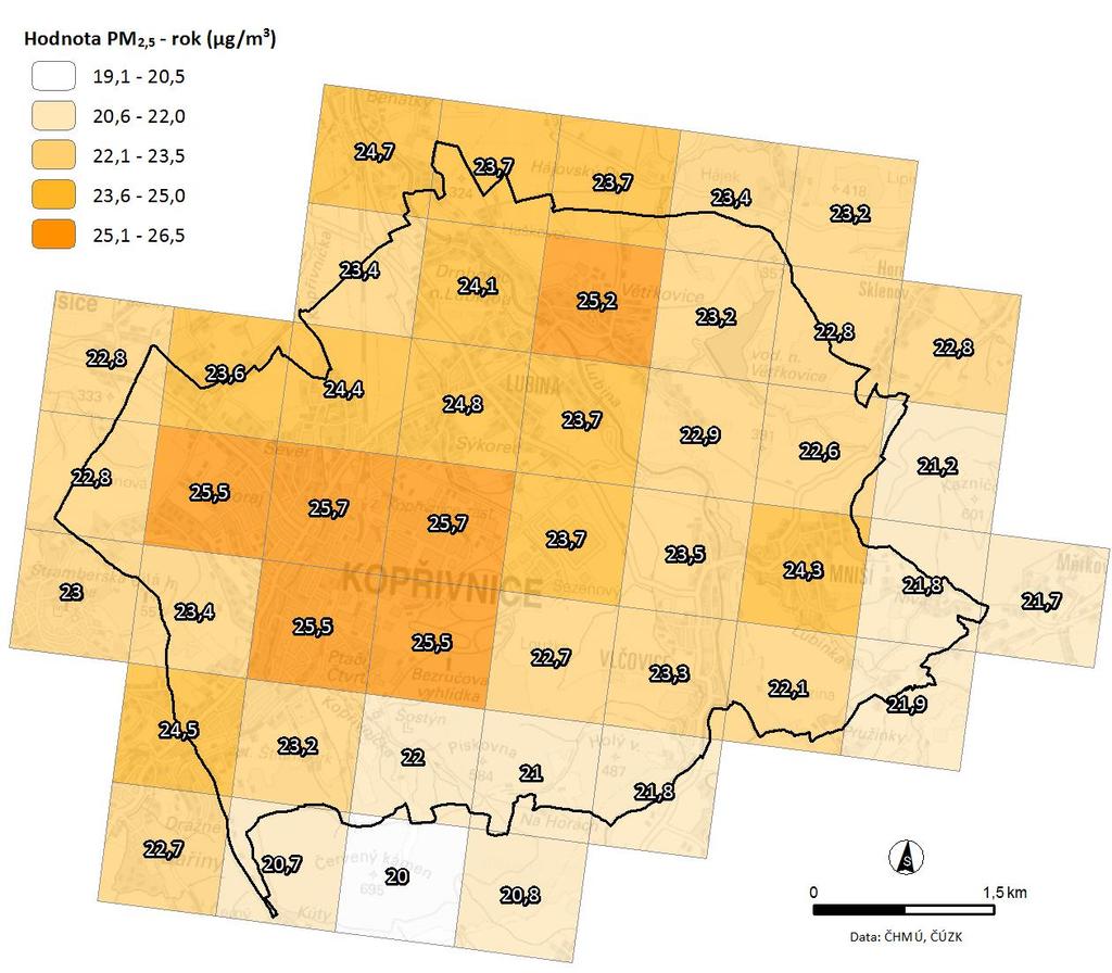 Závěrečný komentář: Ve všech případech platí, že vyšší hodnoty průměrných pětiletých koncentrací PM 10 se nacházejí v levé (západní) polovině území města Kopřivnice.