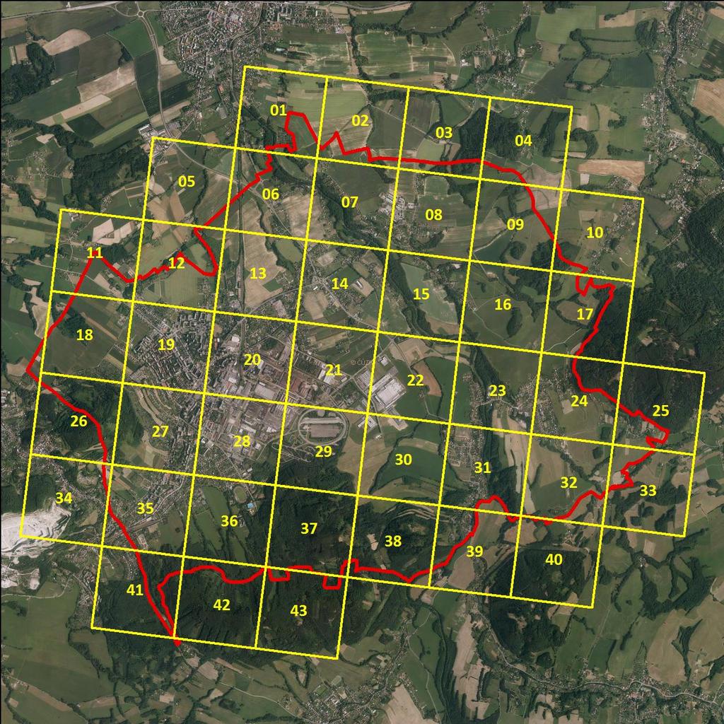 Tabulka 43: Správní obvod města Kopřivnice a vyznačení čtverců (km 2 ) zájmu Zdroj: ČHMÚ, ZÚ, grafické zpracování EKOTOXA s.r.o. Mimo tuto čtvercovou síť se nacházel jen cípek území v západní a jižní části města Kopřivnice.