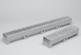 ACO EuroSelf - líniový odvodňovací systém Žľab z polymerického betónu s krycím roštom, prietočným profilom v tvare písmena V a bezpečnostnou SF drážkou pre prípadné vytmelenie spojov žľabu.