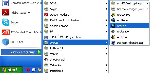 V cvičení 1, ktoré je zamerané na predstavenie programu ArcMap 9.x si ukážeme základné kroky od spustenia ArcMap 9, až po následne základné možnosti, ktoré nám tento program ponúka.
