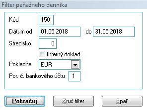 : Program zobrazí doklady s kódom PD 150 za obdobie 5/2018 nachádzajúce sa v pokladni aj na účte, nezobrazí interné doklady s týmto kódom.