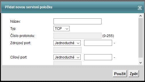 10 Firewall Obrázek 10-4 Zabezpečení > Firewall > Služby > Přidat novou servisní položku Jednotlivá pole jsou popsána v následující tabulce.