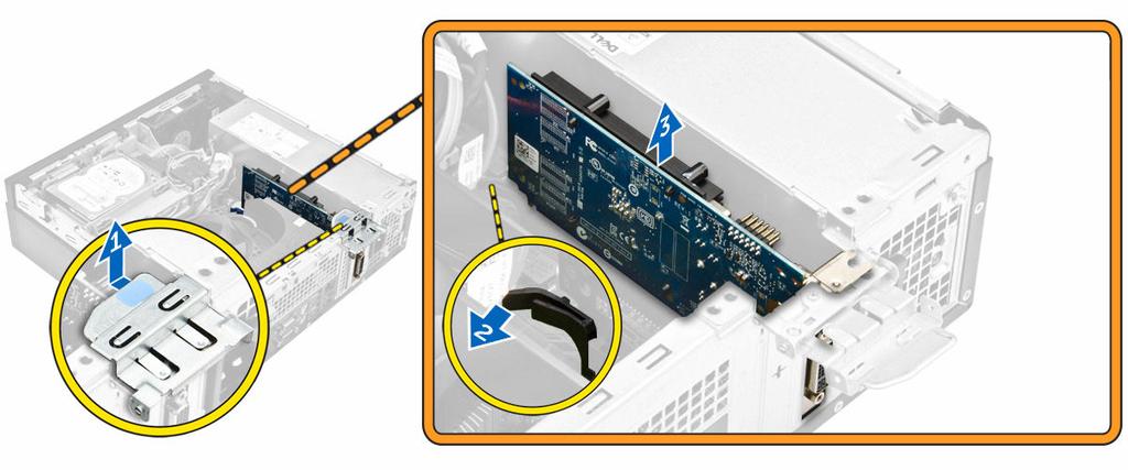 4. K optické jednotce připojte datový a napájecí kabel. 5. Namontujte následující součásti: a. sestava pevného disku b. čelní kryt c. kryt, 6.