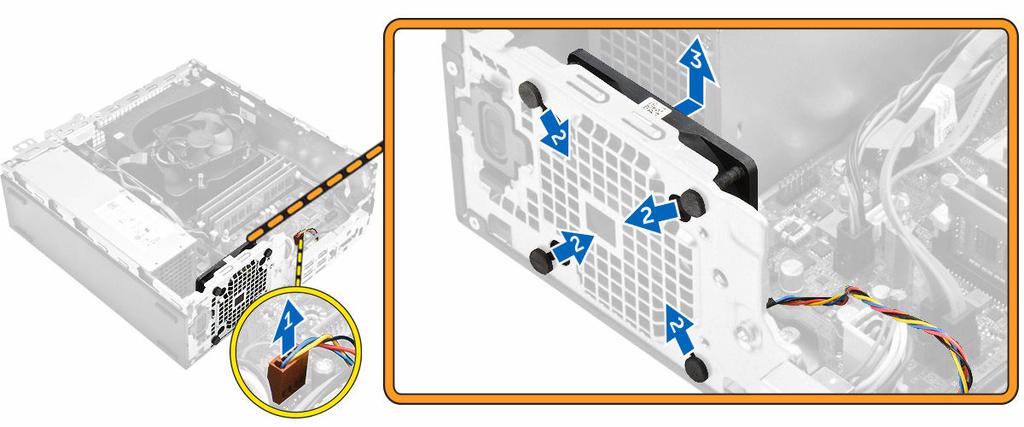 a. kryt, b. čelní kryt c. sestava pevného disku d. optická mechanika 3. Postup vyjmutí systémového ventilátoru: a. Odpojte kabel systémového ventilátoru od základní desky [1]. b. Protáhněte průchodky otvorem na zadní stěně [2].