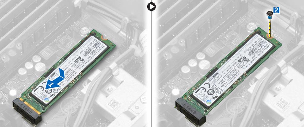 Demontáž volitelné karty SSD 1. Postupujte podle pokynů v části Před manipulací uvnitř počítače. 2. Demontujte následující součásti: a. kryt, b. čelní kryt 3. Postup demontáže karty SSD: a.