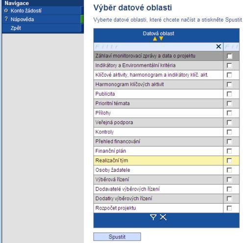 Pole Načíst vybrané datové oblasti z MONIT7+ Stiskem tlačítka Načíst vybrané datové oblasti z MONIT7+ se vygeneruje seznam datových oblastí z monitorovací zprávy.