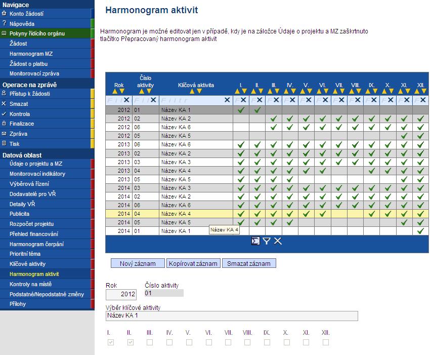 2.1.12. Harmonogram aktivit Záložka Harmonogram aktivit je aktivní v případě zvolení checkboxu na záložce Údaje o projektu a MZ. V opačném případě zůstávají pole bez možnosti editace.